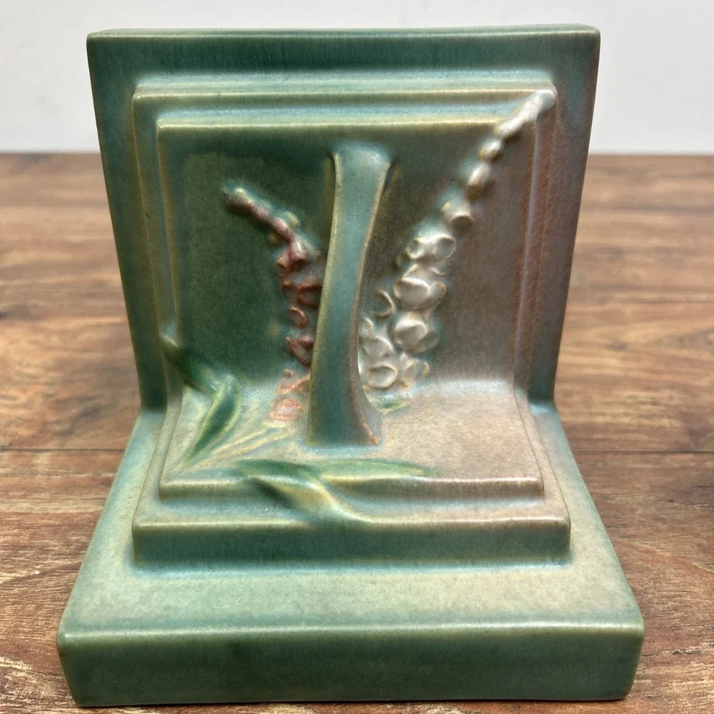 Roseville Pottery Foxglove Bookends Art‎ Pottery Ceramic Green Pink 5.75